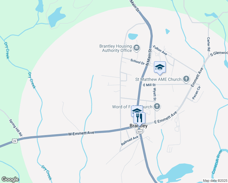 map of restaurants, bars, coffee shops, grocery stores, and more near 96 West Mill Avenue in Brantley