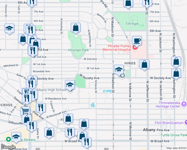 map of restaurants, bars, coffee shops, grocery stores, and more near 639 West 1st Avenue in Albany
