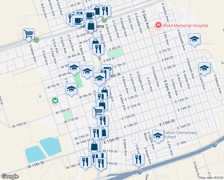 map of restaurants, bars, coffee shops, grocery stores, and more near 151-199 East 9th Street in Monahans