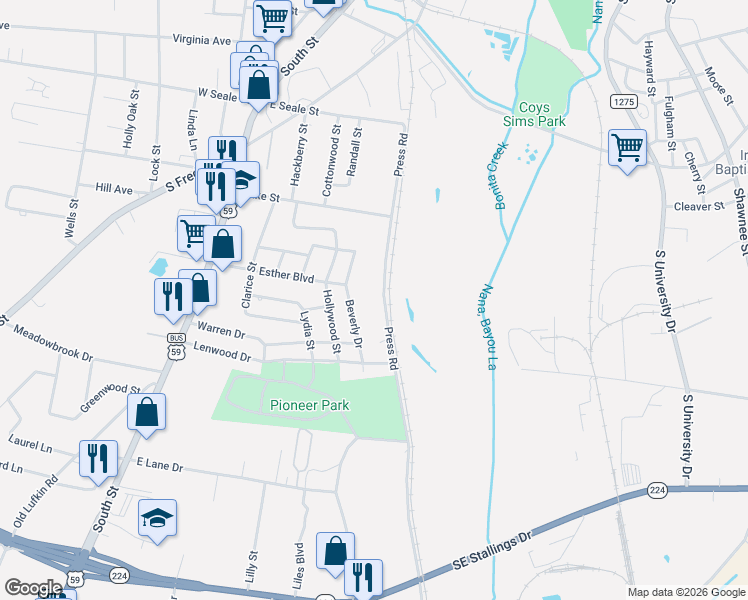 map of restaurants, bars, coffee shops, grocery stores, and more near 1916 Press Road in Nacogdoches