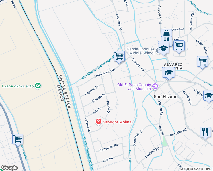 map of restaurants, bars, coffee shops, grocery stores, and more near 12751 Crisantemo Drive in San Elizario