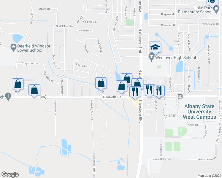 map of restaurants, bars, coffee shops, grocery stores, and more near 2823 Gillionville Road in Albany