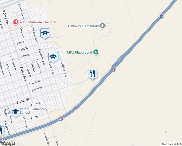 map of restaurants, bars, coffee shops, grocery stores, and more near 1718 East 14th Street in Monahans