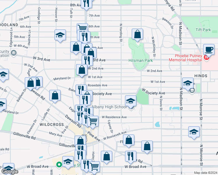 map of restaurants, bars, coffee shops, grocery stores, and more near 916 Rosedale Avenue in Albany