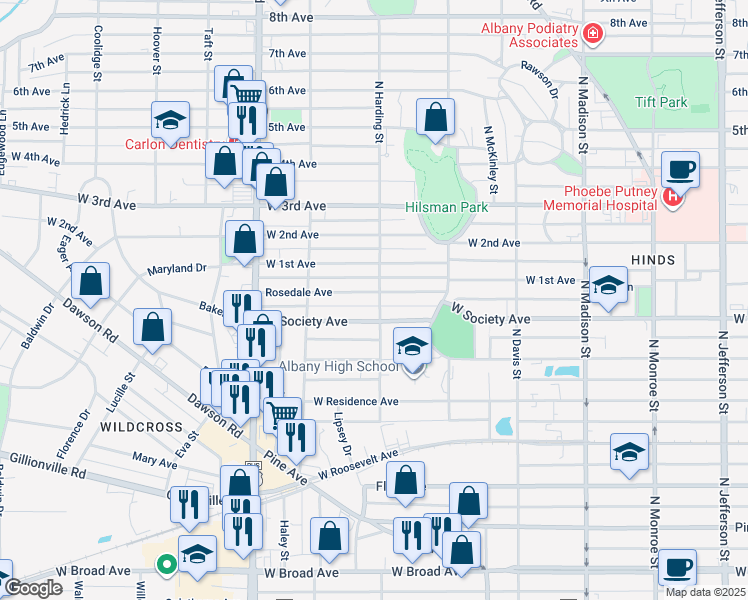 map of restaurants, bars, coffee shops, grocery stores, and more near 709 North Harding Street in Albany