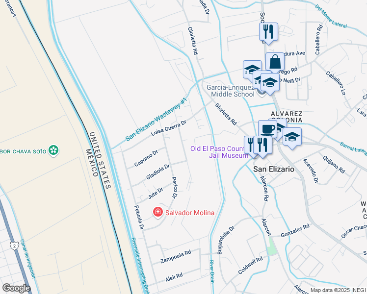 map of restaurants, bars, coffee shops, grocery stores, and more near 12751 Crisantemo Drive in San Elizario