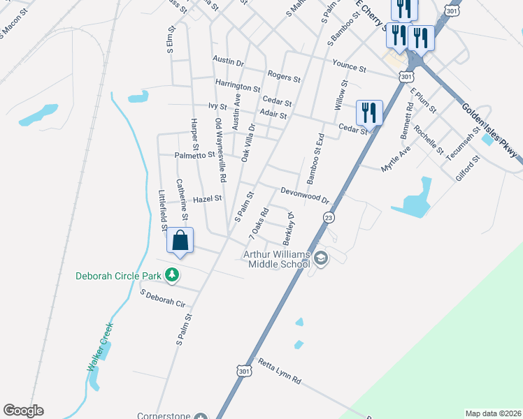 map of restaurants, bars, coffee shops, grocery stores, and more near 105 Berkley Drive in Jesup