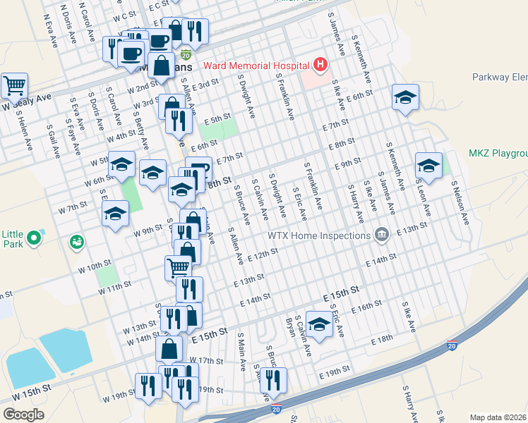 map of restaurants, bars, coffee shops, grocery stores, and more near 401 East 10th Street in Monahans