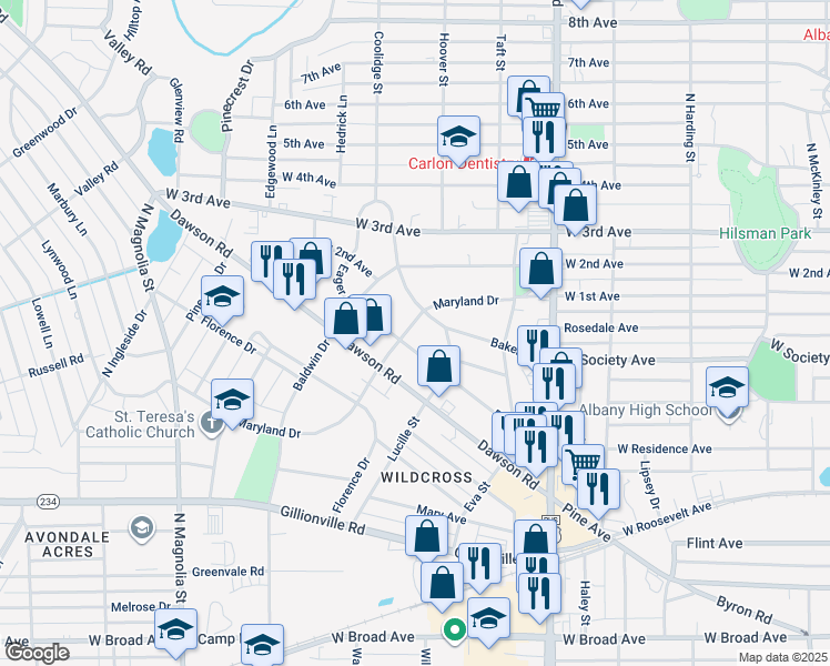 map of restaurants, bars, coffee shops, grocery stores, and more near 1306 Maryland Drive in Albany