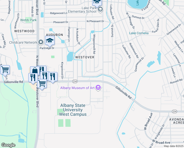 map of restaurants, bars, coffee shops, grocery stores, and more near 413 South Audubon Drive in Albany