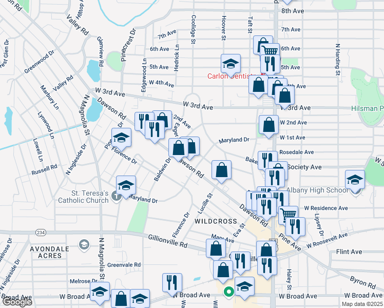map of restaurants, bars, coffee shops, grocery stores, and more near 1310 Eager Avenue in Albany