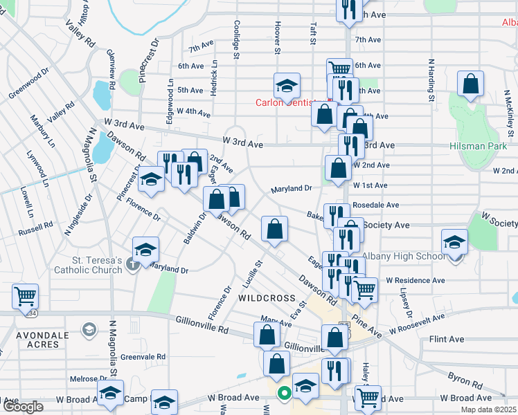 map of restaurants, bars, coffee shops, grocery stores, and more near 1306 Maryland Drive in Albany
