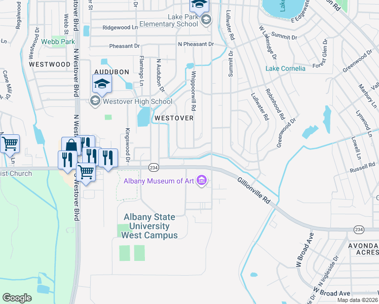 map of restaurants, bars, coffee shops, grocery stores, and more near 413 South Audubon Drive in Albany