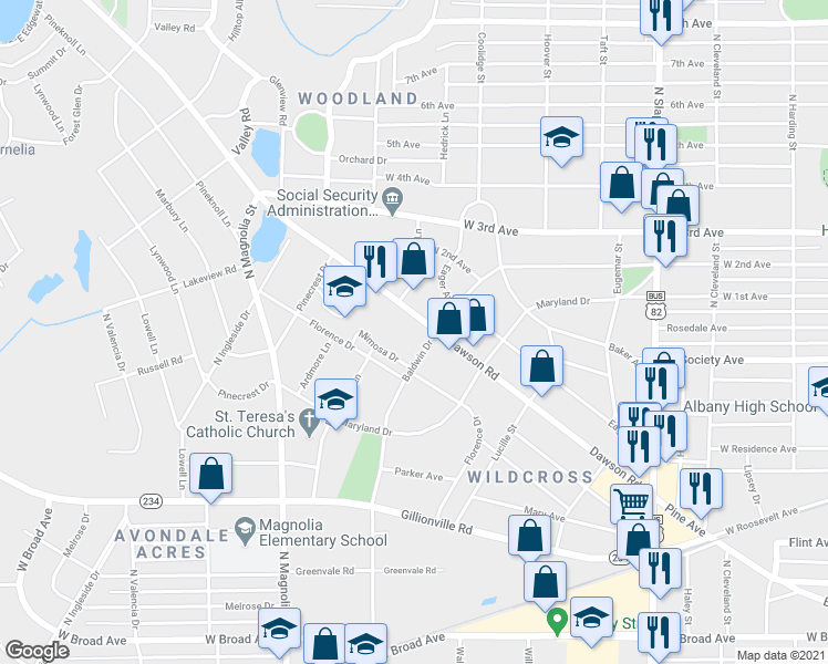 map of restaurants, bars, coffee shops, grocery stores, and more near 1412 Dawson Road in Albany