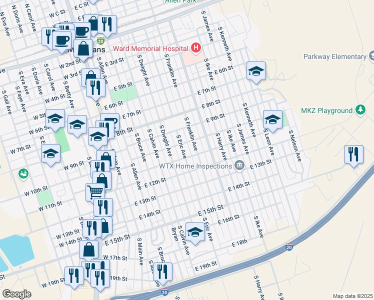 map of restaurants, bars, coffee shops, grocery stores, and more near 1101 South Franklin Avenue in Monahans
