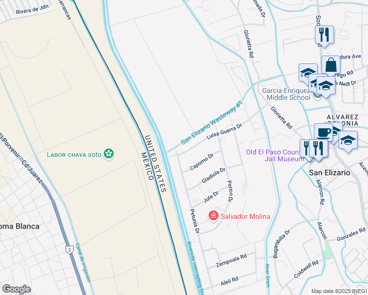 map of restaurants, bars, coffee shops, grocery stores, and more near 1081 Luisa Guerra Drive in San Elizario