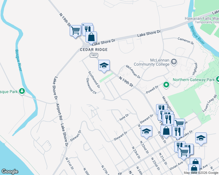 map of restaurants, bars, coffee shops, grocery stores, and more near 4609 Robinwood Drive in Waco