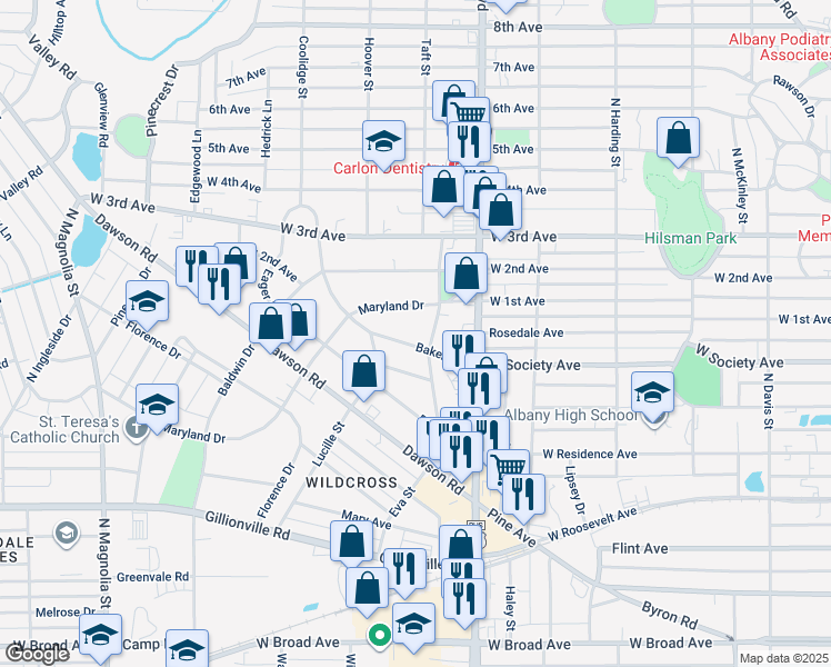 map of restaurants, bars, coffee shops, grocery stores, and more near 1205 Baker Avenue in Albany