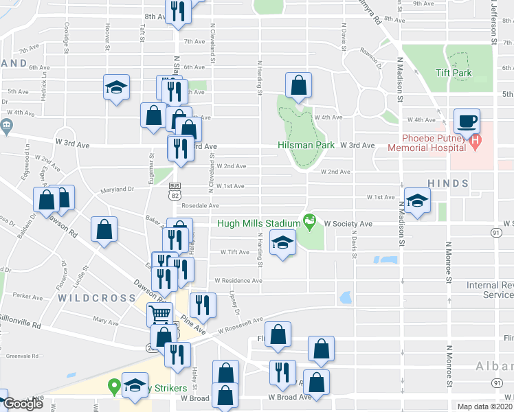 map of restaurants, bars, coffee shops, grocery stores, and more near 902 Rosedale Avenue in Albany