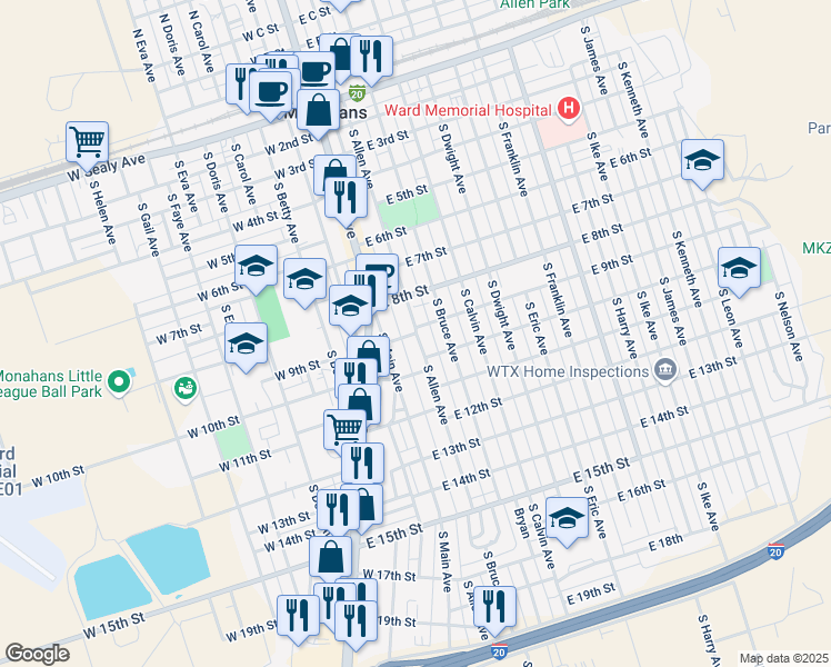 map of restaurants, bars, coffee shops, grocery stores, and more near 199 East 9th Street in Monahans
