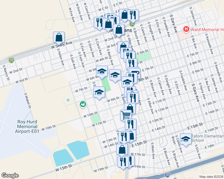 map of restaurants, bars, coffee shops, grocery stores, and more near 809 South Betty Avenue in Monahans