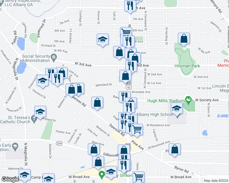 map of restaurants, bars, coffee shops, grocery stores, and more near 1205 Baker Avenue in Albany