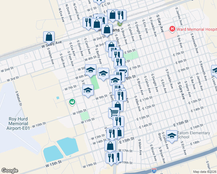 map of restaurants, bars, coffee shops, grocery stores, and more near 809 South Betty Avenue in Monahans