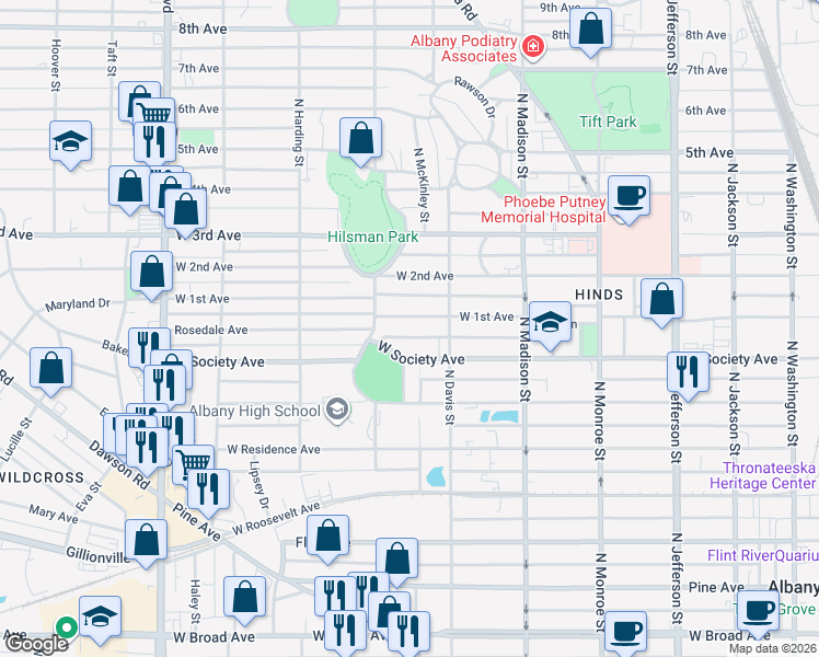 map of restaurants, bars, coffee shops, grocery stores, and more near 718 West 1st Avenue in Albany