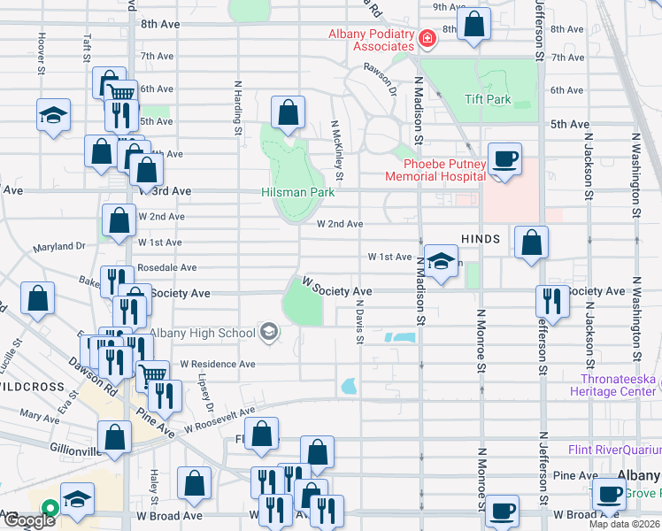map of restaurants, bars, coffee shops, grocery stores, and more near 718 West 1st Avenue in Albany