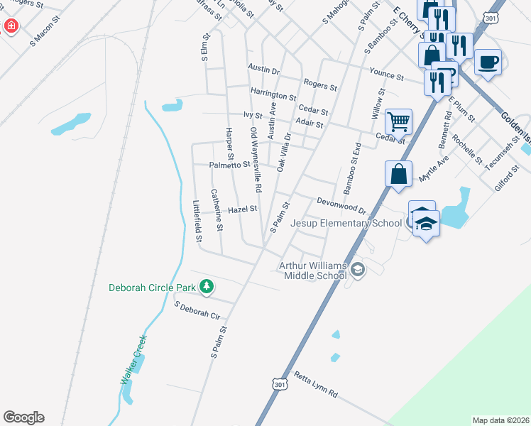 map of restaurants, bars, coffee shops, grocery stores, and more near 710 Old Waynesville Road in Jesup