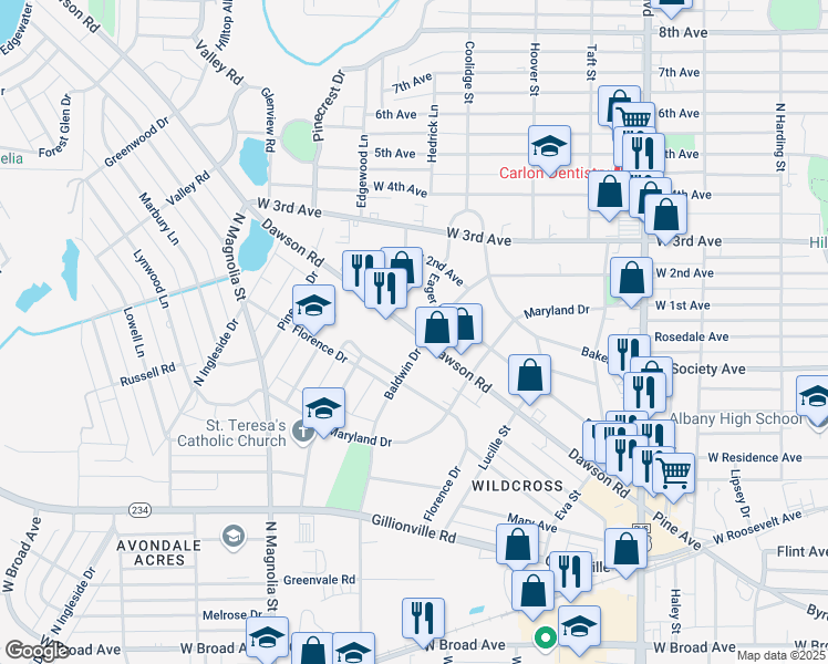 map of restaurants, bars, coffee shops, grocery stores, and more near 1406 Dawson Road in Albany