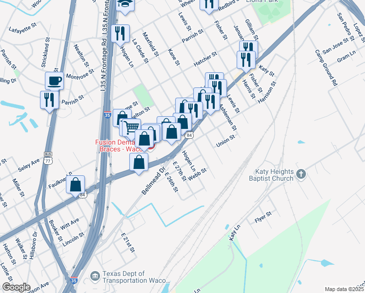 map of restaurants, bars, coffee shops, grocery stores, and more near 2805 Harrison Street in Waco