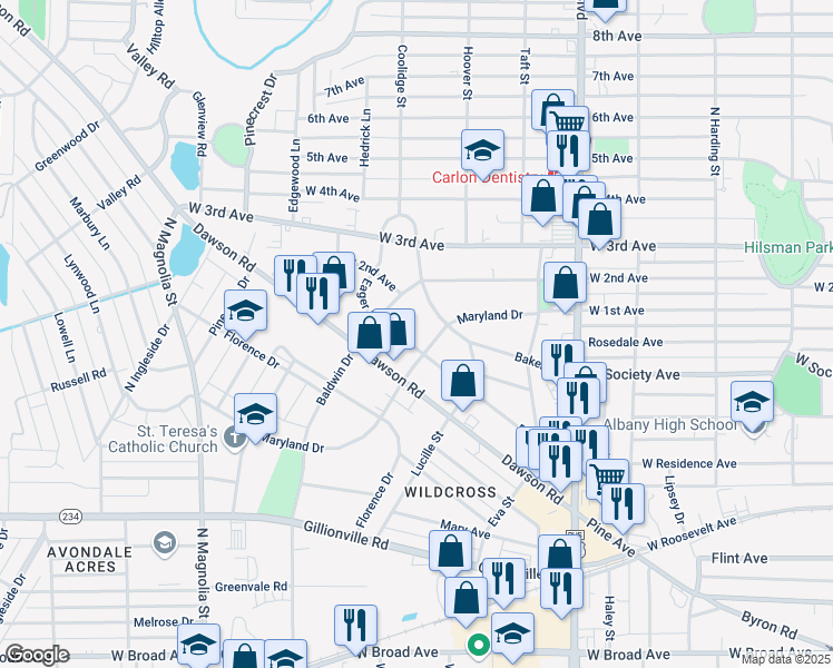 map of restaurants, bars, coffee shops, grocery stores, and more near 1310 Eager Avenue in Albany