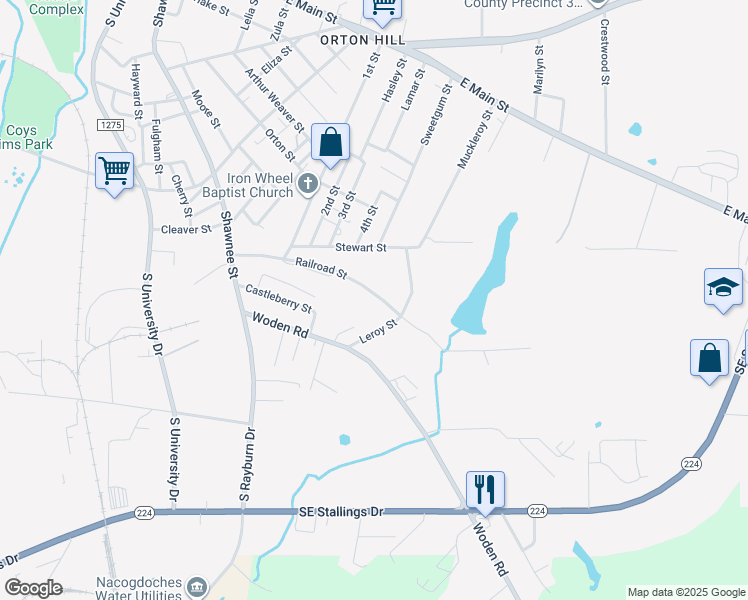 map of restaurants, bars, coffee shops, grocery stores, and more near 2022 Railroad Street in Nacogdoches