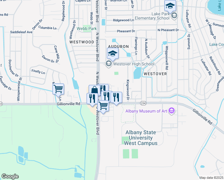 map of restaurants, bars, coffee shops, grocery stores, and more near 2611 Gillionville Road in Albany