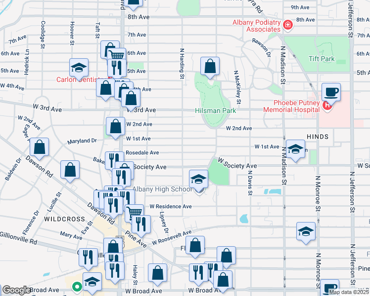 map of restaurants, bars, coffee shops, grocery stores, and more near 709 North Harding Street in Albany
