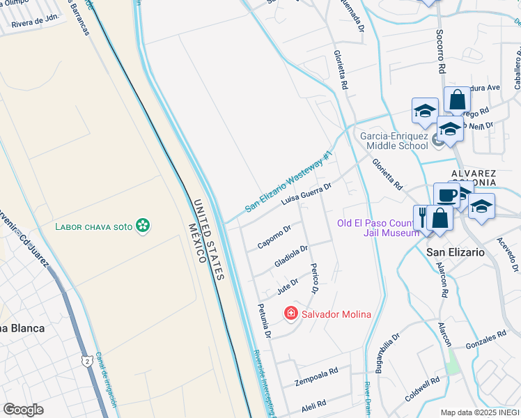 map of restaurants, bars, coffee shops, grocery stores, and more near 1081 Luisa Guerra Drive in San Elizario