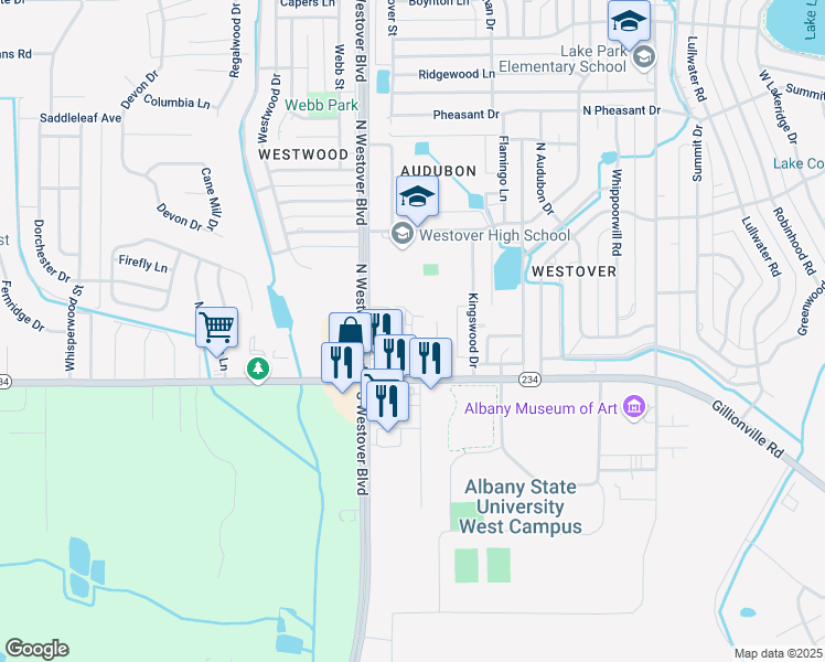 map of restaurants, bars, coffee shops, grocery stores, and more near 2615 Gillionville Road in Albany