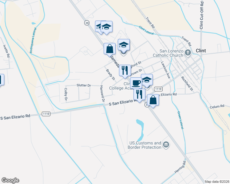 map of restaurants, bars, coffee shops, grocery stores, and more near 160 Esquivel Court in Clint