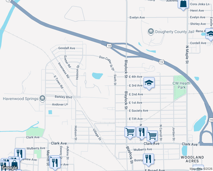 map of restaurants, bars, coffee shops, grocery stores, and more near 1004 Blakely Court in Albany