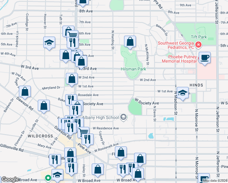 map of restaurants, bars, coffee shops, grocery stores, and more near 709 North Harding Street in Albany