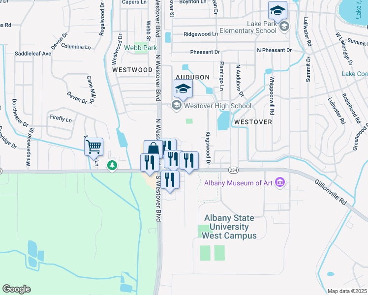 map of restaurants, bars, coffee shops, grocery stores, and more near 2611 Gillionville Road in Albany