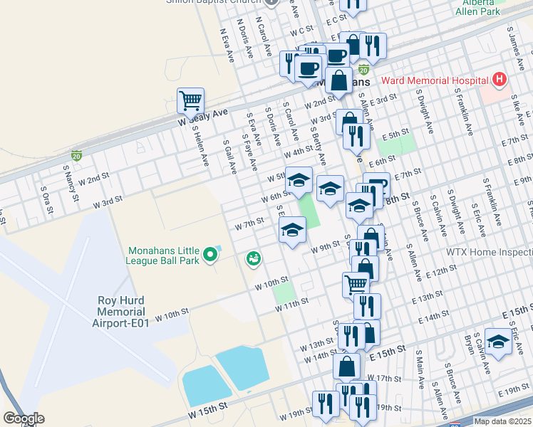 map of restaurants, bars, coffee shops, grocery stores, and more near 767-799 South Fay Avenue in Monahans