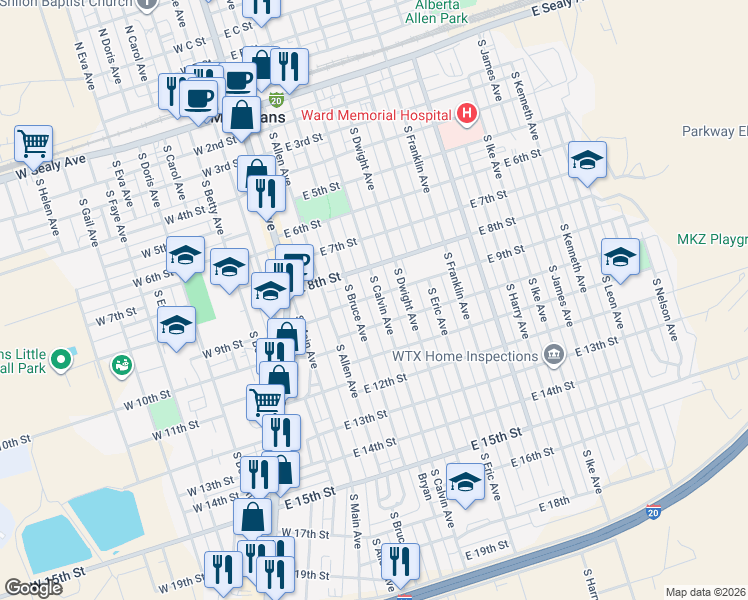 map of restaurants, bars, coffee shops, grocery stores, and more near 401-449 East 10th Street in Monahans