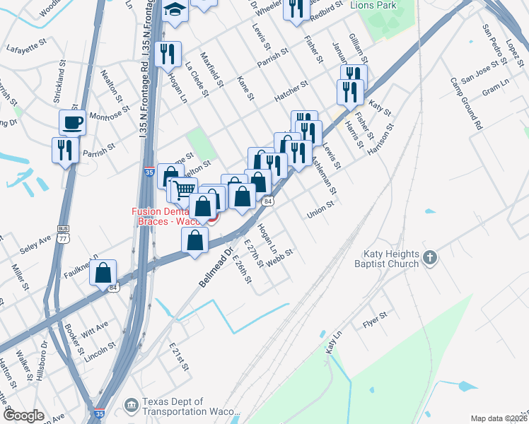 map of restaurants, bars, coffee shops, grocery stores, and more near 2805 Harrison Street in Waco