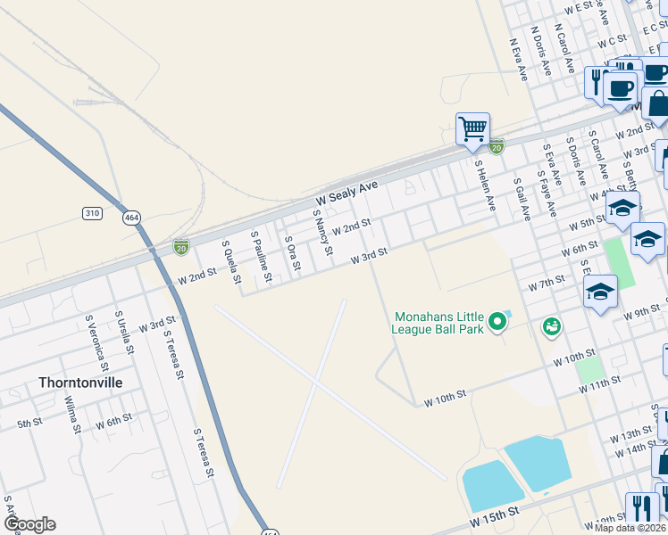 map of restaurants, bars, coffee shops, grocery stores, and more near 1500 West 3rd Street in Monahans