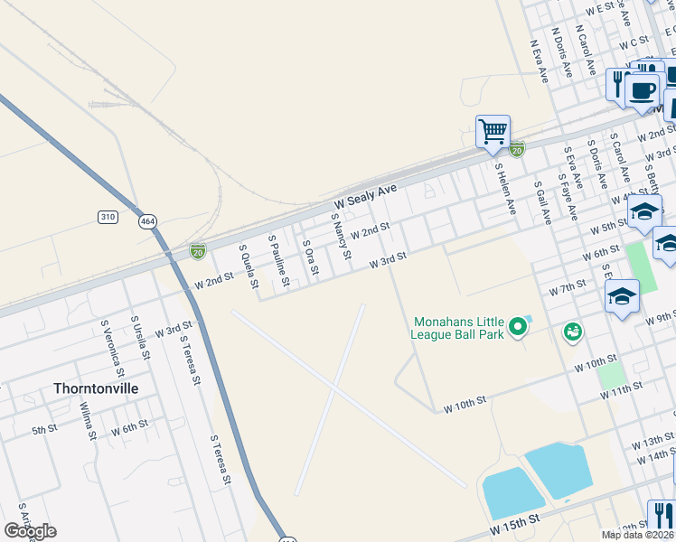 map of restaurants, bars, coffee shops, grocery stores, and more near 1500-1546 West 3rd Street in Monahans