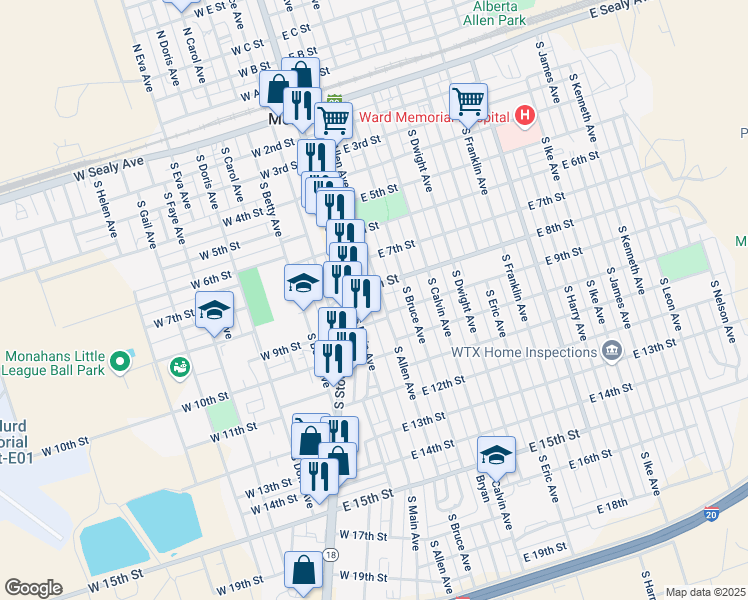 map of restaurants, bars, coffee shops, grocery stores, and more near 151-199 East 9th Street in Monahans