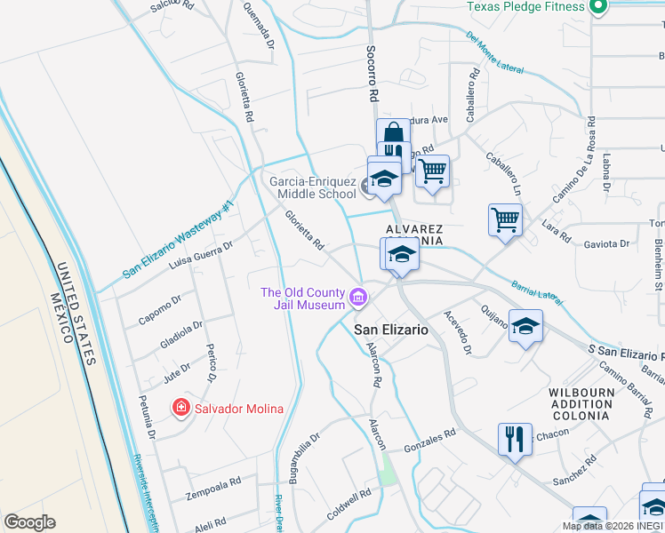map of restaurants, bars, coffee shops, grocery stores, and more near 12500-12598 Glorietta Road in San Elizario