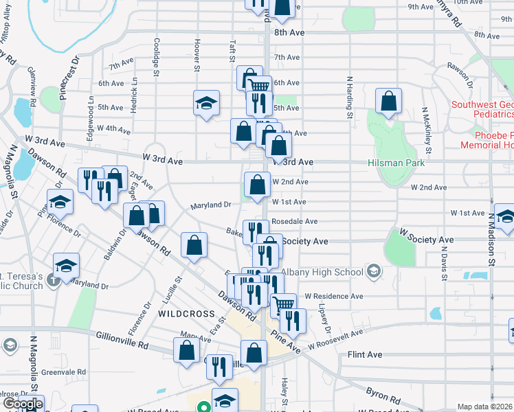 map of restaurants, bars, coffee shops, grocery stores, and more near 1104 West 2nd Avenue in Albany